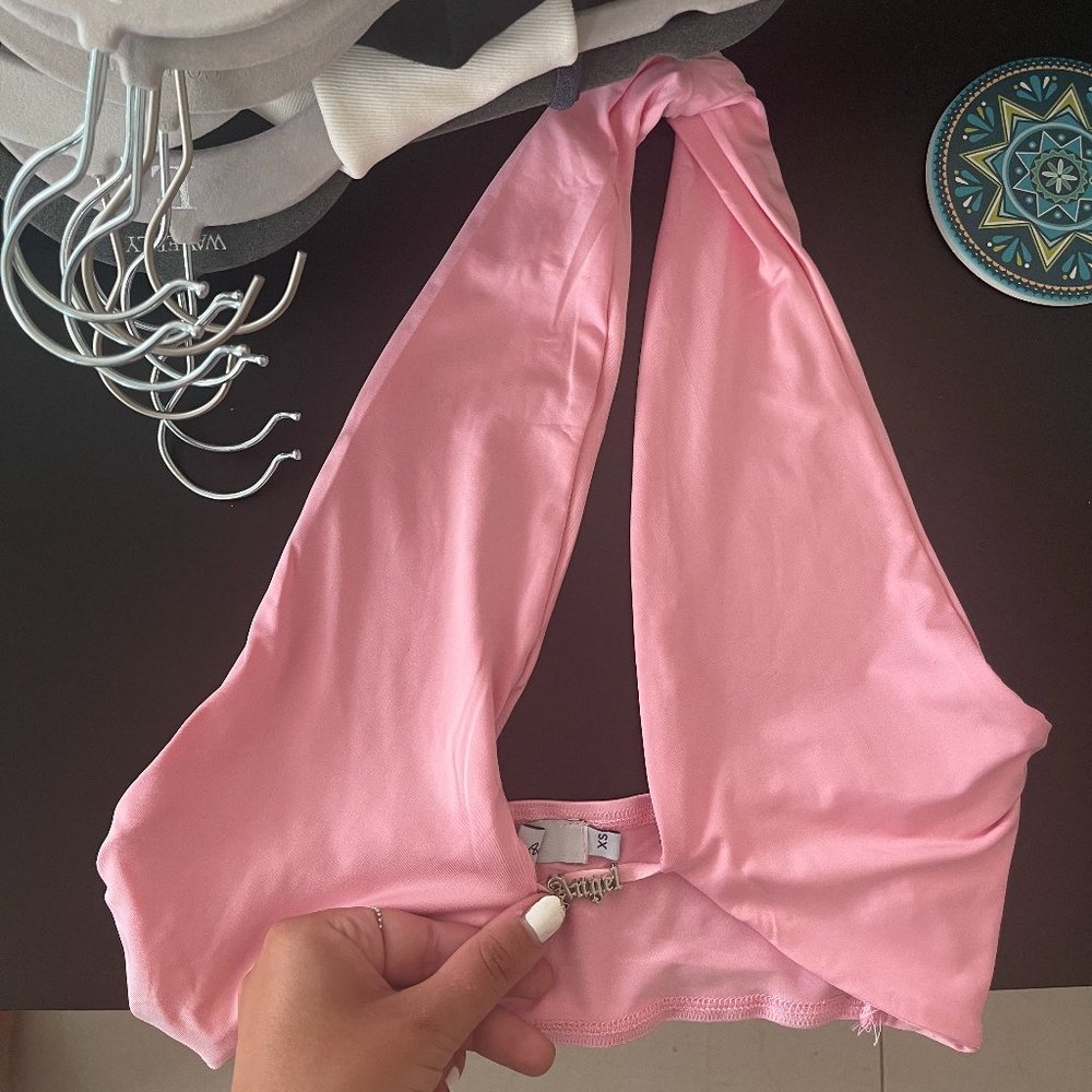 Adika pink stretchy halter top with silver angel decal on the front